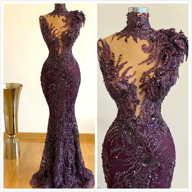 Ebi Aso Arabic Purple Urious Mermaid Evening Beaded Lace Prom Dresses High Neck Formal Party Second Reception Gowns Zj