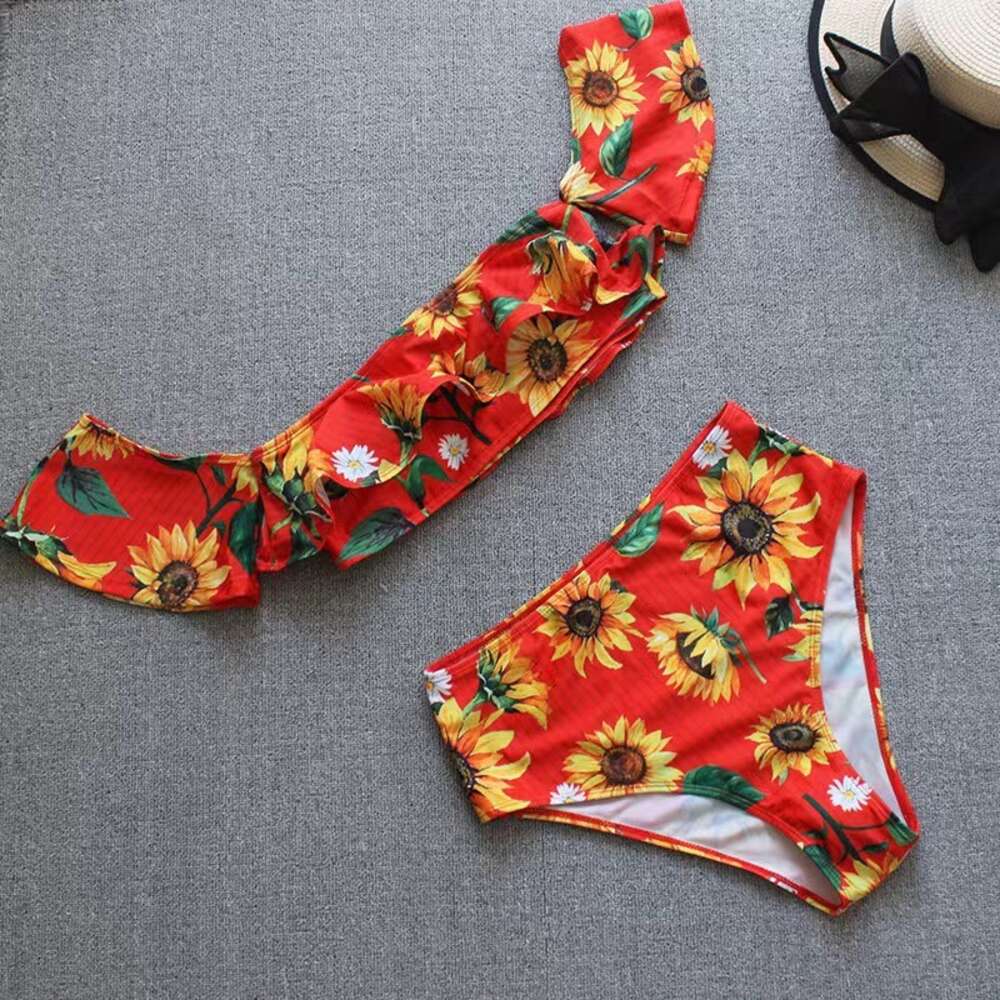 2024 New Split One Line Shoulder Lotus Leaf Edge Suower Print High Waist Sexy Bikini Swimsuit