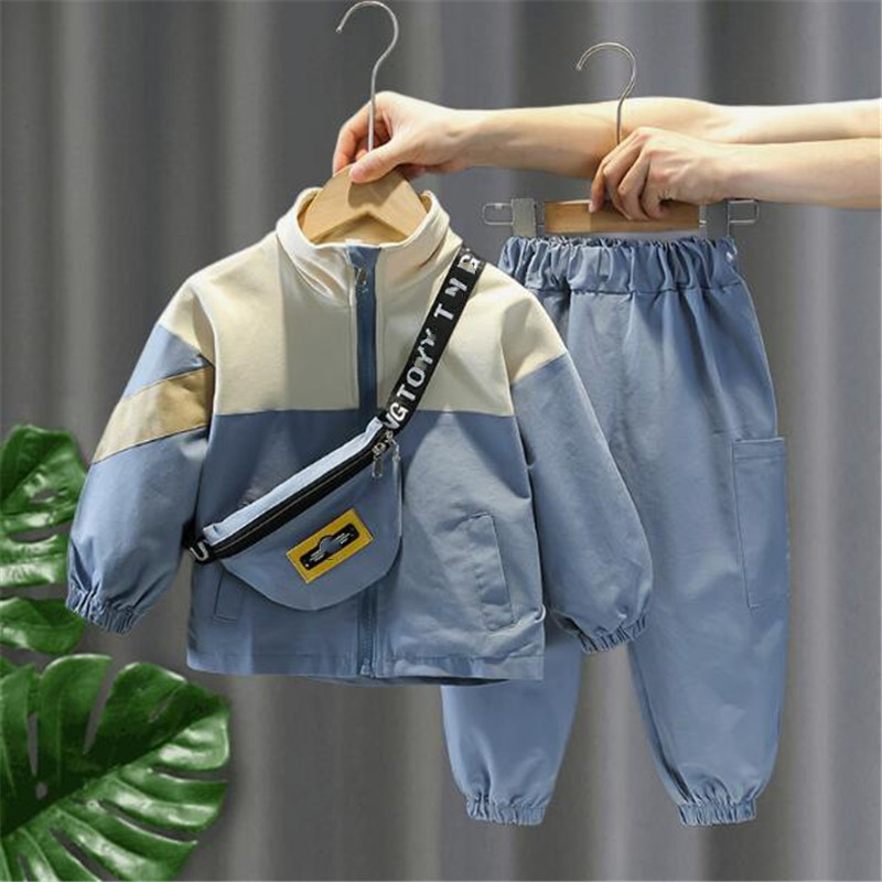 2024 New Children's Fashion and Handsome Suit spell color girl and Boys' Spring Sports Clothes Tide Two piece Set With a bag