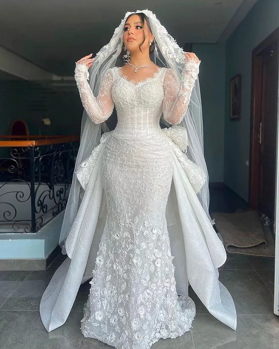 Middle East Long Sleeves Wedding Mermaid Dresses Detachable Train Longsleeve 3D-Ral Appliques Beaded Engagement Lace 6660311