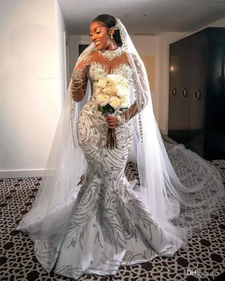 Crystal Mermaid Wedding Dress Illusion High Neck Long Sleeve Plus Size Bridal Gowns Beads Bride Dresses Robes