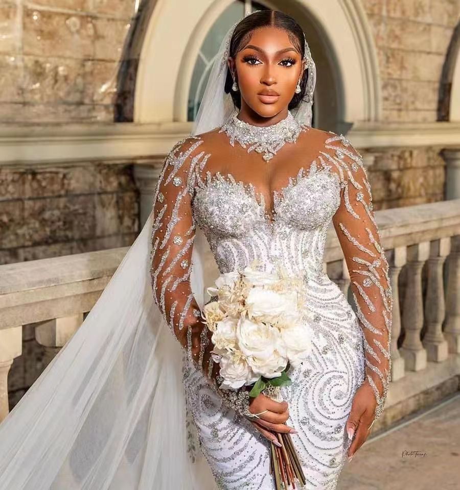 Mermaid Modern Wedding Shine High O Neck Long Sleeve Ball Gown Plus Sweep Train Bridal Gowns Dress Vestido De Novia Size Color Customized