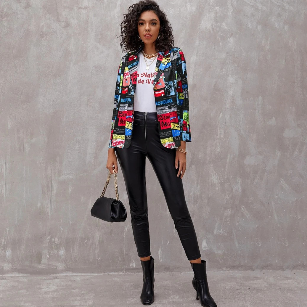 Autumn Vintage spaper Print Suit Women Casual Blazers Coat Spring Fashion Top Jacket Elegant Lady Stylish Streetwear 240306