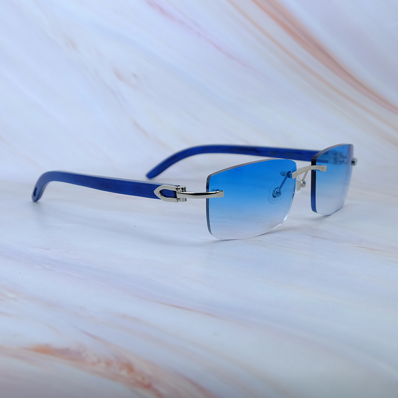 Mens Sunglasses Rimless Square Vintage Sun Glasses Retro Fashion Designer Carter Luxury Shades Eyewear Blue Wood 012 Silver Frame
