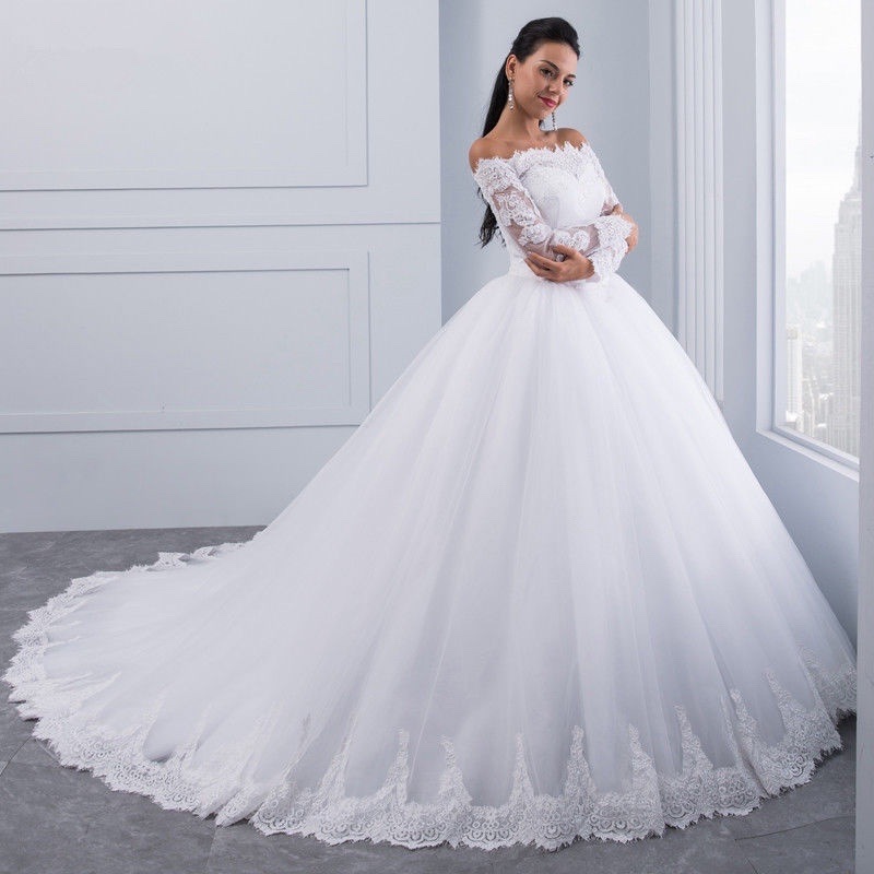 Designer New Bride Wedding Dress Spring Boat Neck Long Sleeves Lace Appliques Tulle Bridal Formal Gowns Vestidos De Novias