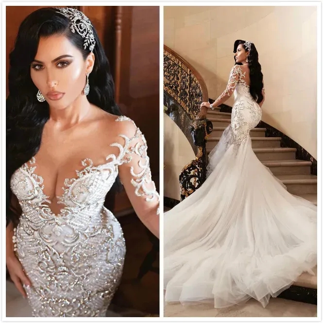 Luxurious Sexy Arabic Wedding Dresses Mermaid Beading Embroidery Bridal Dresses Sheer Neck Llong Sleeves Wedding Gowns Custom Made