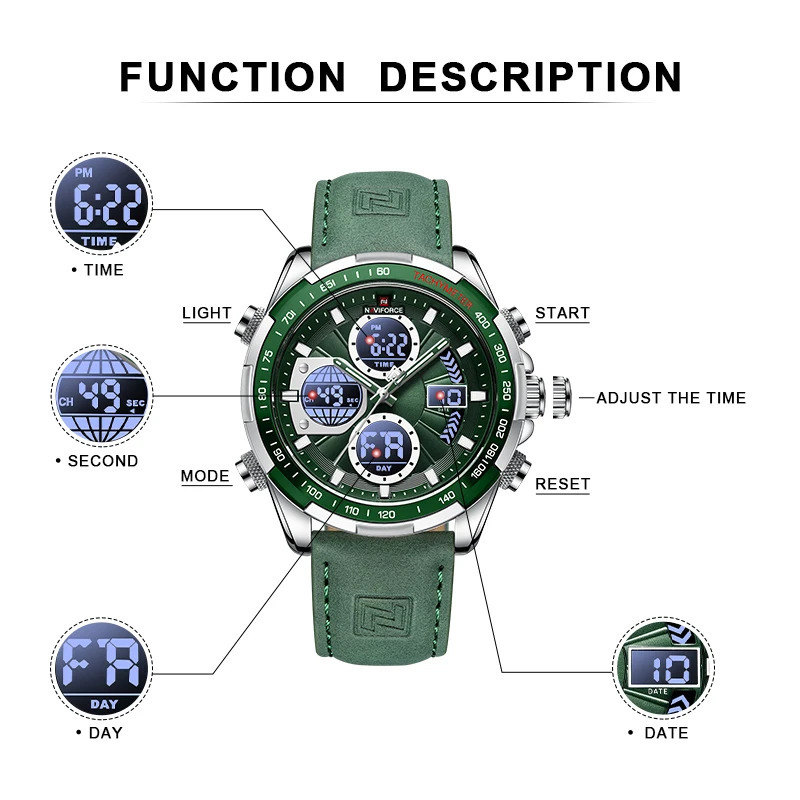 NAVIFORCE Sport Watches for Men Strong Luminous Dual Display Waterproof Quartz Genuine Leather Wristwatch Relogio Masculino 240227