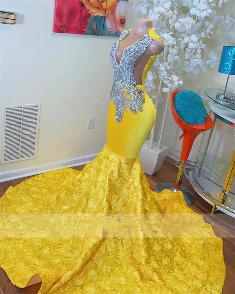 Yellow Veet Prom Dresses Black Girls Beaded Crystal Ruffles Mermaid Birthday Party Gown Formal Ocn Dress 0308