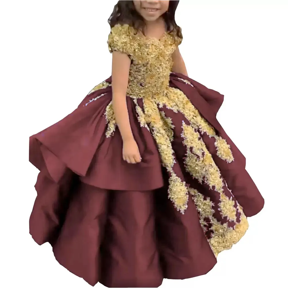 Royal Blue And Gold Girls Graduation Pageant Dresses Ball Gown Crystal Short Sleeve Lace Up First Communion Dress Party Formal 6660306
