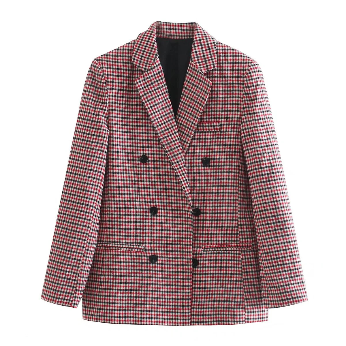 Vintage Houndstooth Women Woolen Blazer Double Breasted Plaid Female Suit Jacket Fashion Korean Outerwear Loose Blaser Coat 240226