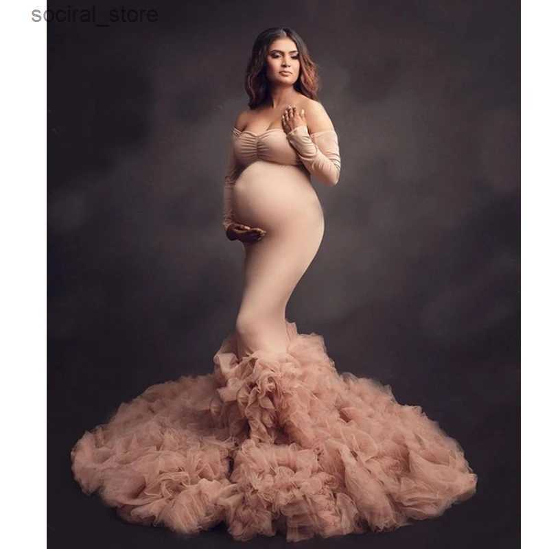 Maternity Dresses Mermaid Spandex Maternity Robes for Pregnant Women Sweetheart Photo Shoot Dress Floor Length Side Split Baby Shower Gown L240308
