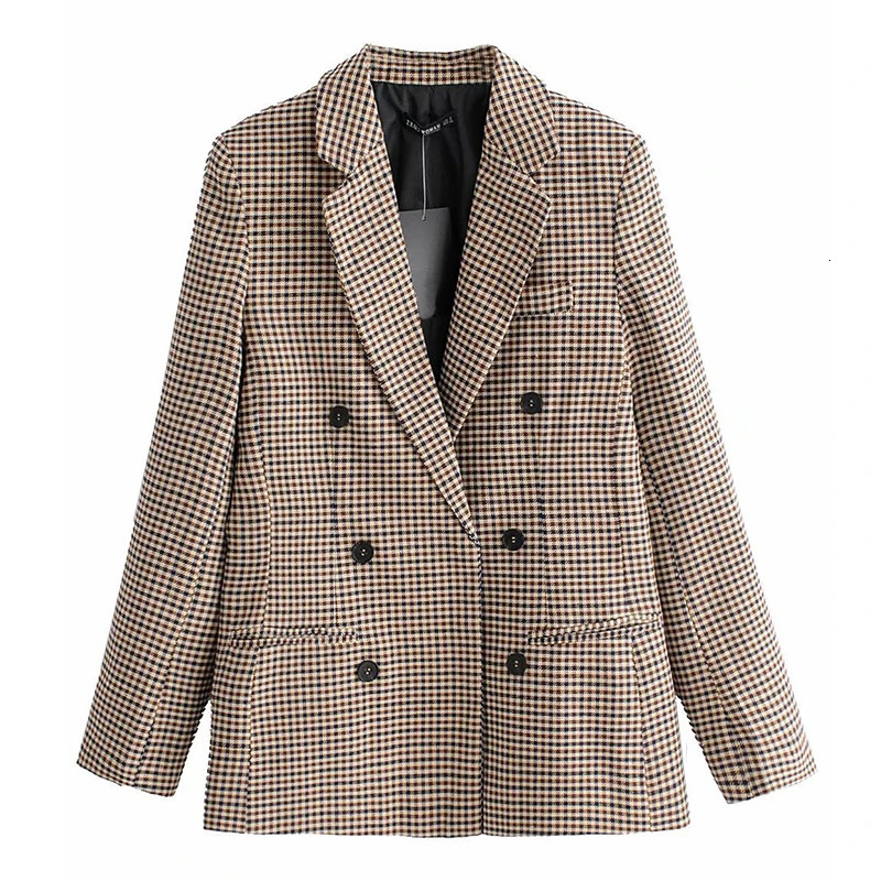 Vintage Houndstooth Women Woolen Blazer Double Breasted Plaid Female Suit Jacket Fashion Korean Outerwear Loose Blaser Coat 240226