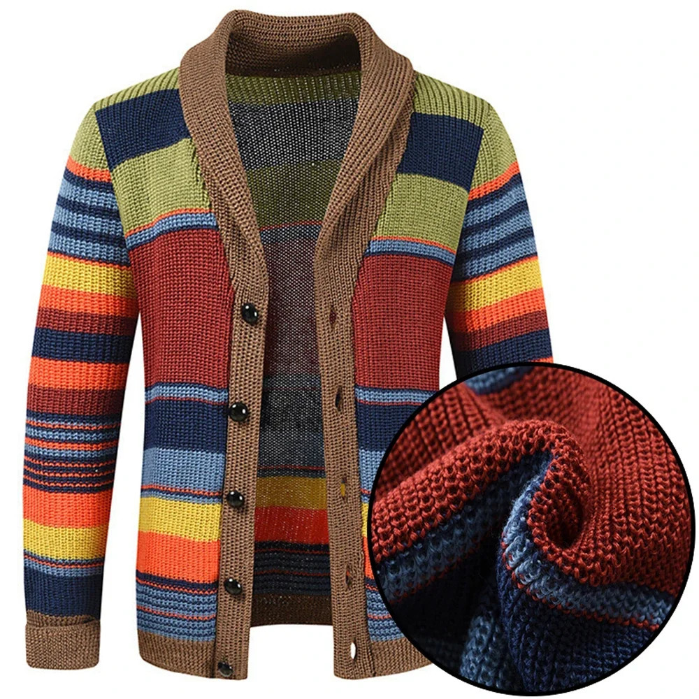 Autumn Winter Mens Rainbow Lapel Sweater Coat Button Long Sleeve Color Matching Cardigan Coat Casual Loose Street Mens Wear 240228