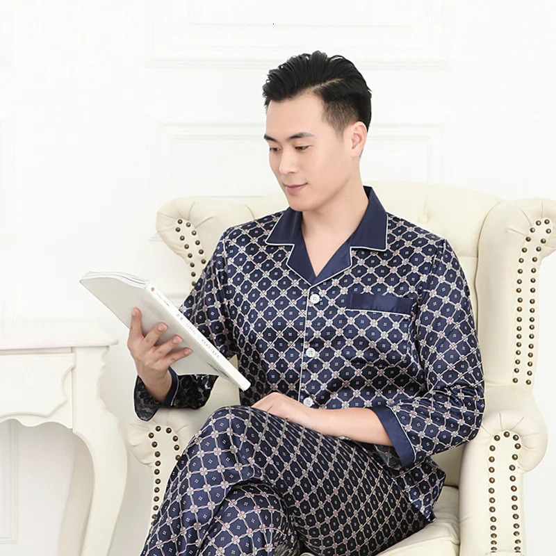Spring And Autumn Mens Pajamas Sets Silk Longsleeved Sleepwear Ice Plus Size Home Clothing Pyjamas Suit Wear 240307