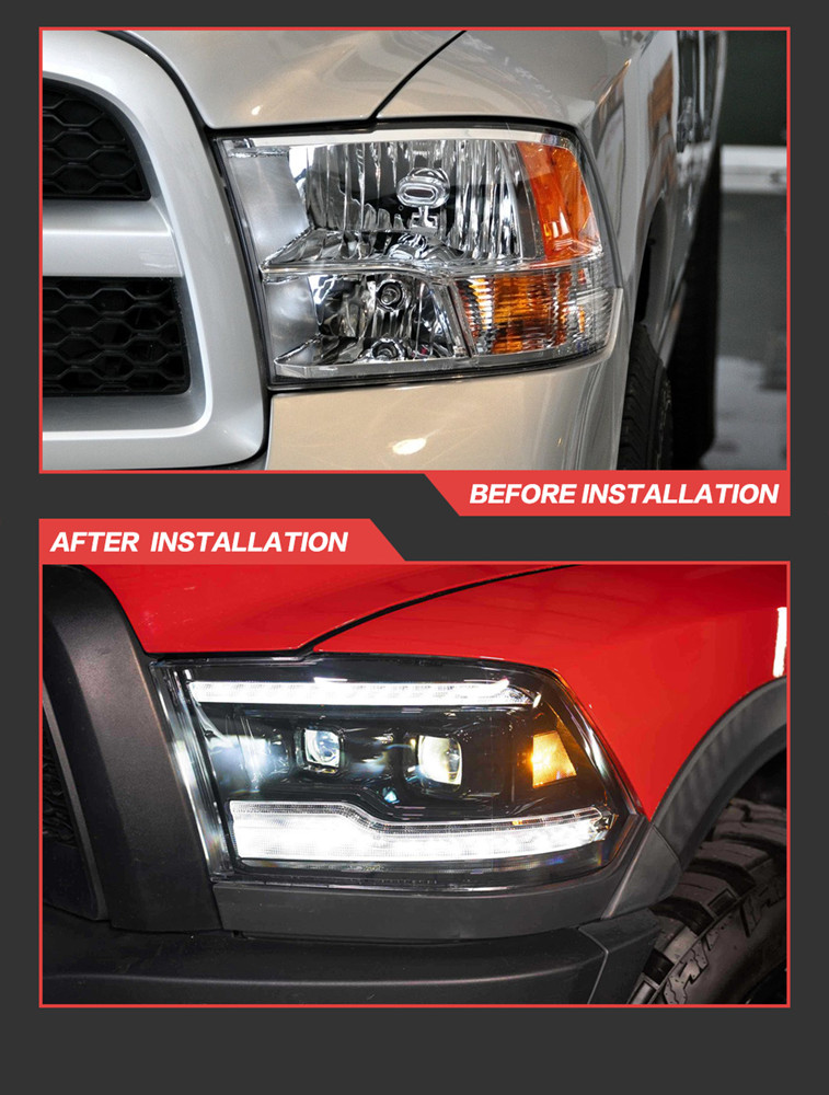 LED Daytime Running Head Lamp for Dodge RAM 1500 2500 Headlight 2009-2018 Turn Signal High Beam Light Projector Lens