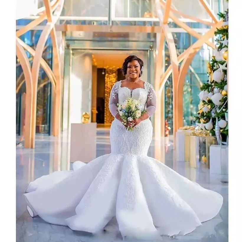Ruched Vintage Mermaid Wedding Dress New Sweetheart Neck Crystals Beaded Or Length Bridal Gowns Back Long Sleeves Corset Plus Size Bride Dresses Custo