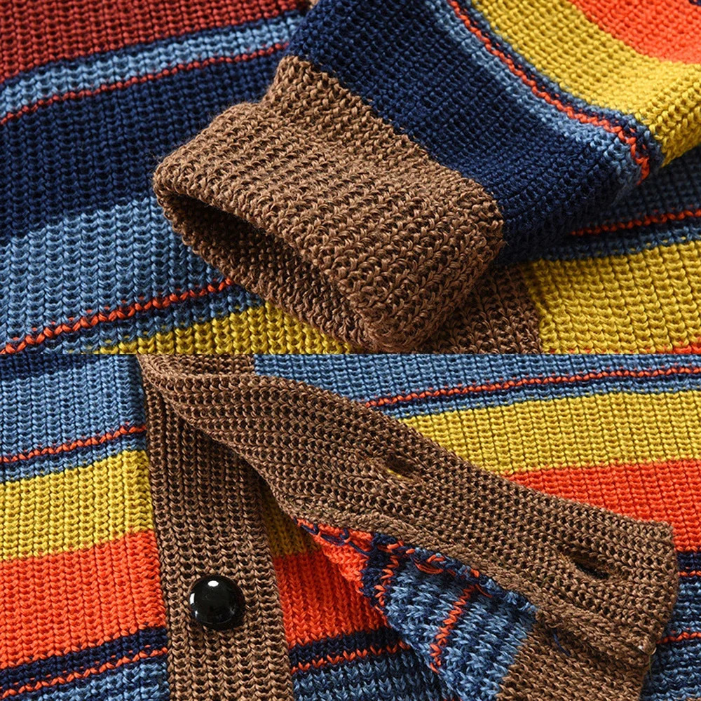 Autumn Winter Mens Rainbow Lapel Sweater Coat Button Long Sleeve Color Matching Cardigan Coat Casual Loose Street Mens Wear 240228