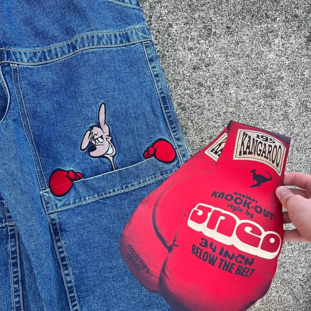 JNCO Jeans Y2k Mens Harajuku Hip Hop Kangaroo Graphic Big Pocket Blue Vintage Baggy Gothic High Waist Wide Trouser 240227