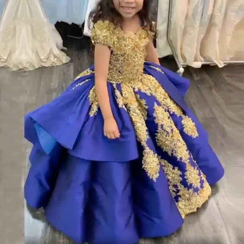 Royal Blue And Gold Girls Graduation Pageant Dresses Ball Gown Crystal Short Sleeve Lace Up First Communion Dress Party Formal 6660306