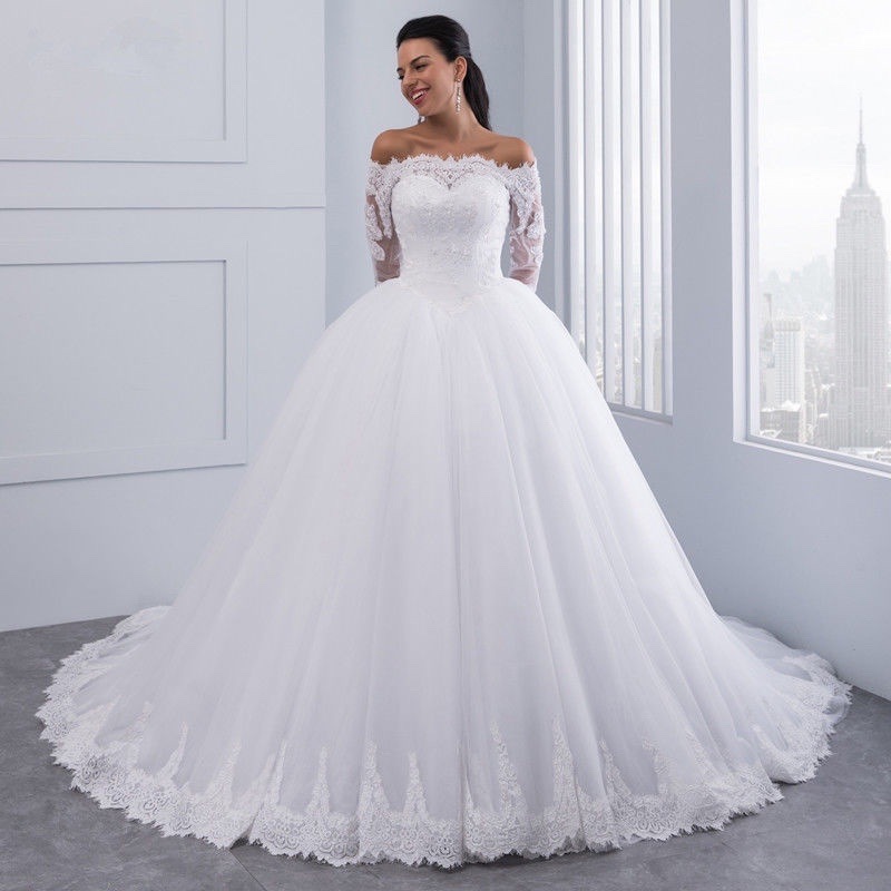 Designer New Bride Wedding Dress Spring Boat Neck Long Sleeves Lace Appliques Tulle Bridal Formal Gowns Vestidos De Novias