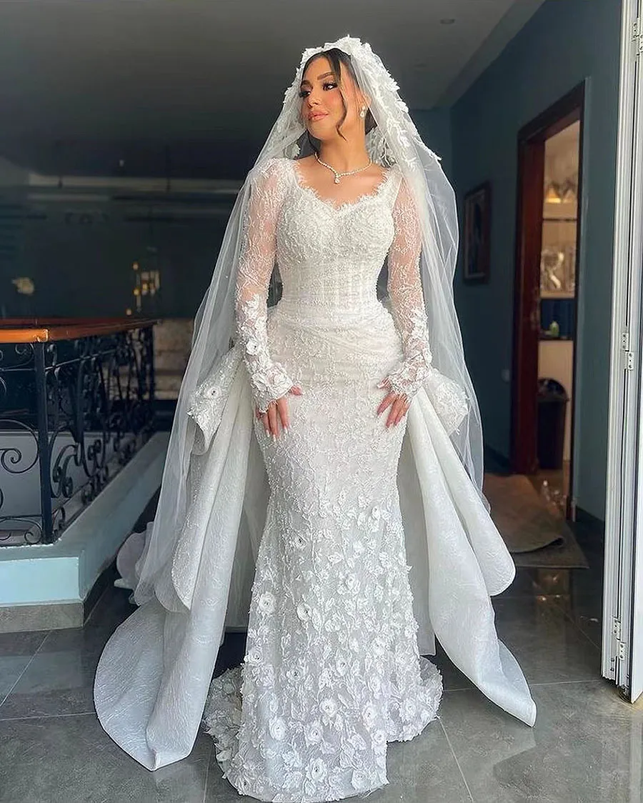 Middle East Long Sleeves Wedding Mermaid Dresses Detachable Train Longsleeve 3D-Ral Appliques Beaded Engagement Lace 6660311