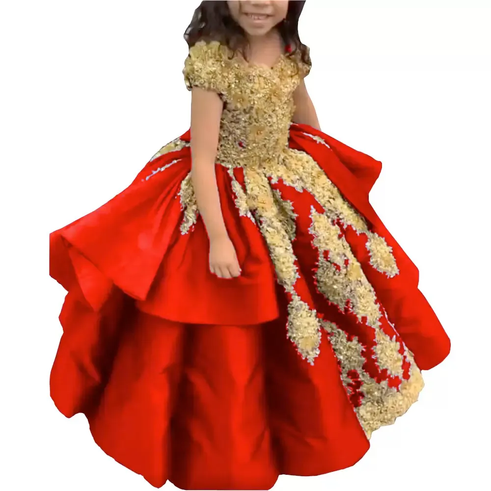 Royal Blue And Gold Girls Graduation Pageant Dresses Ball Gown Crystal Short Sleeve Lace Up First Communion Dress Party Formal 6660306