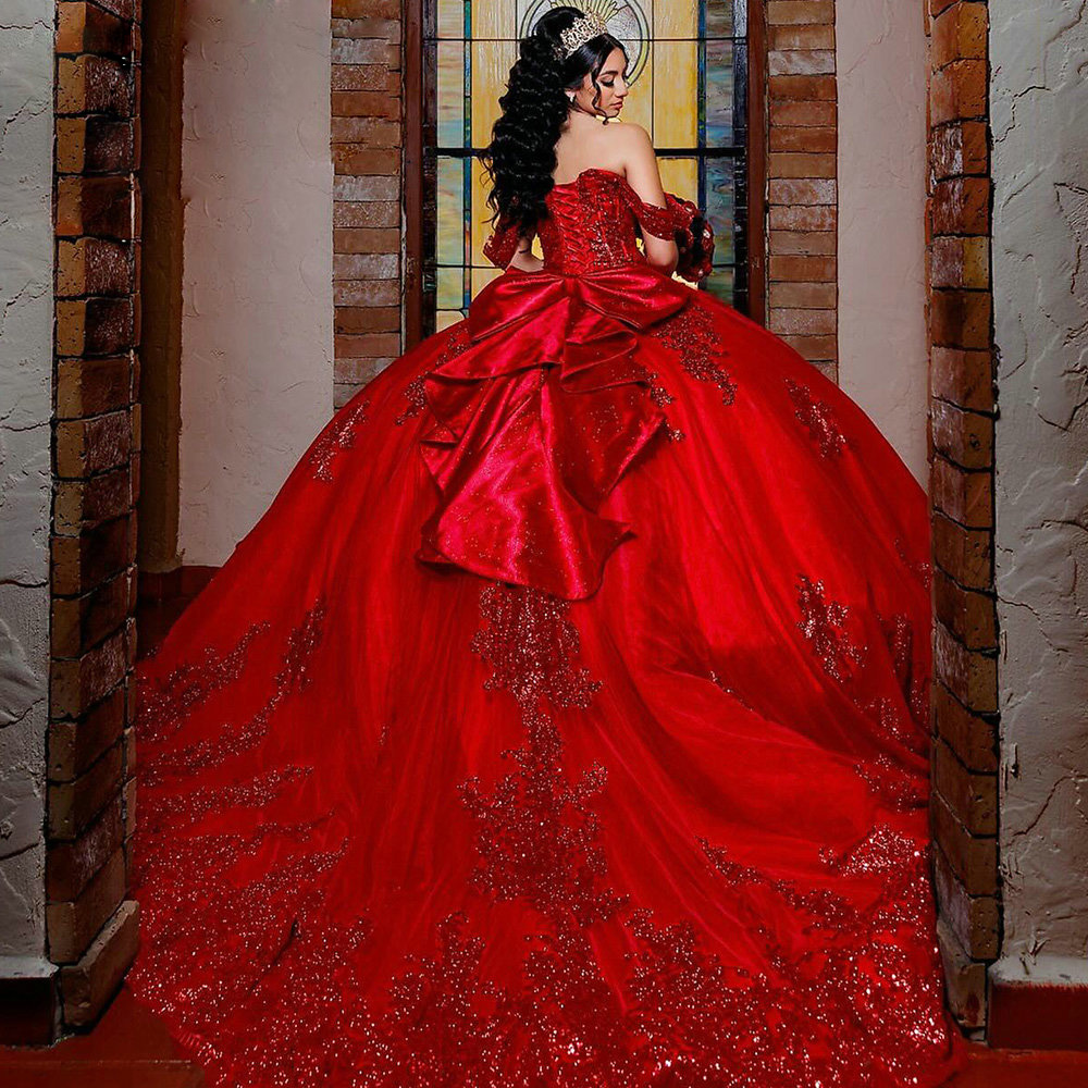 Red Sparkly Sequined Appliques Quinceanera Dresses Ball Gown Off The Shoulder Bow Princess for Sweet 15 Birthday Party 0516