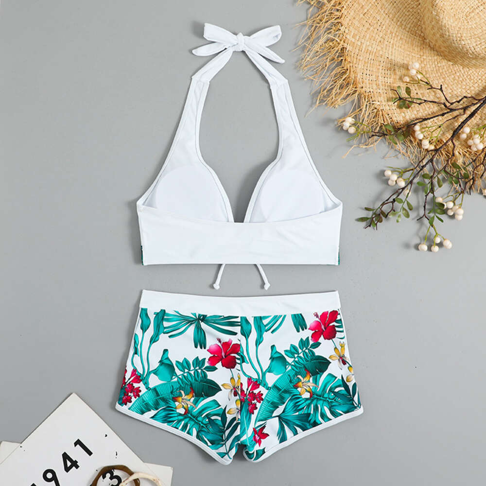 2024 Women's Split High Waist Flat Angle Lace Up Printed Solid Color Combination Sexy Swimwear