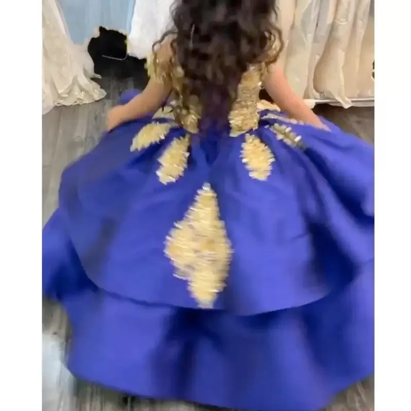 Royal Blue And Gold Girls Graduation Pageant Dresses Ball Gown Crystal Short Sleeve Lace Up First Communion Dress Party Formal 6660306