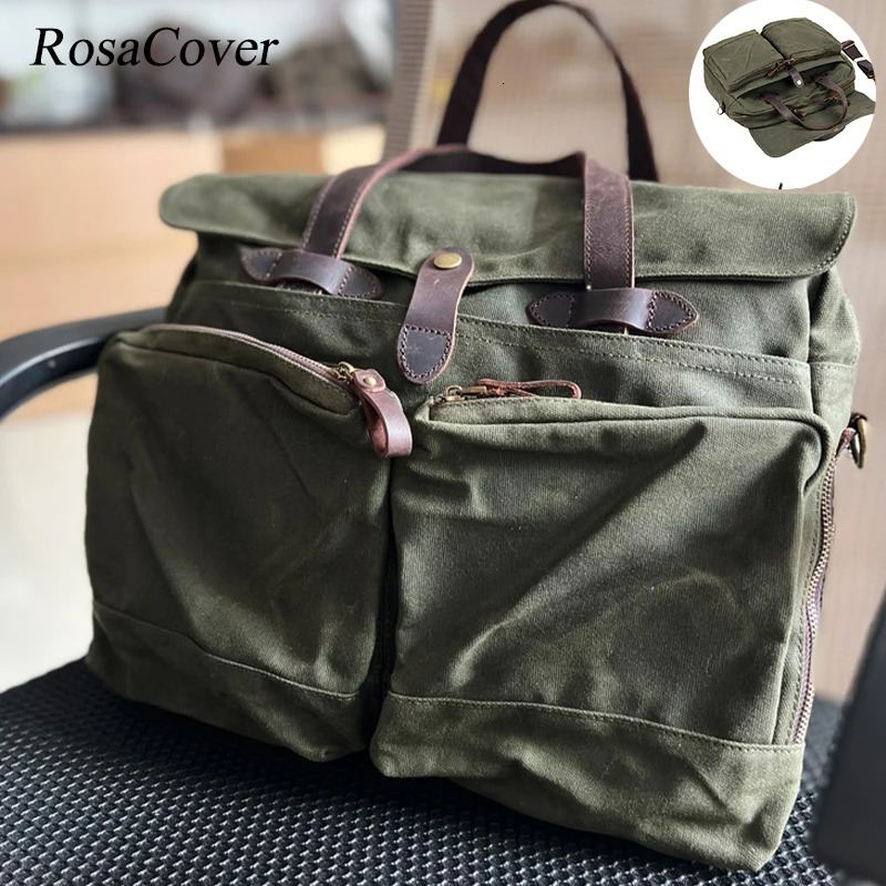 Leisure Business Travel Outdoor Oil Wax Canvas Leather Fashion Large Capacity Briefcase Portable Messenger Bag 240306