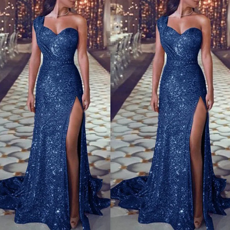 Sequined Maxi Dress, Deep V Neck One Shoulder, Elegant Evening Wedding Party Dress For Women, Sleeveless, Long,