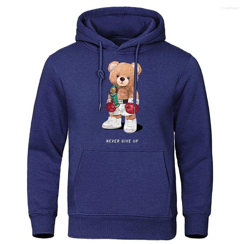 Men's Hoodies Strong Boxer Teddy Bear Never Give Up Print Clothing Mens Fashion Loose Warm Fleece Sweatshirt Casual Oversized Menswear