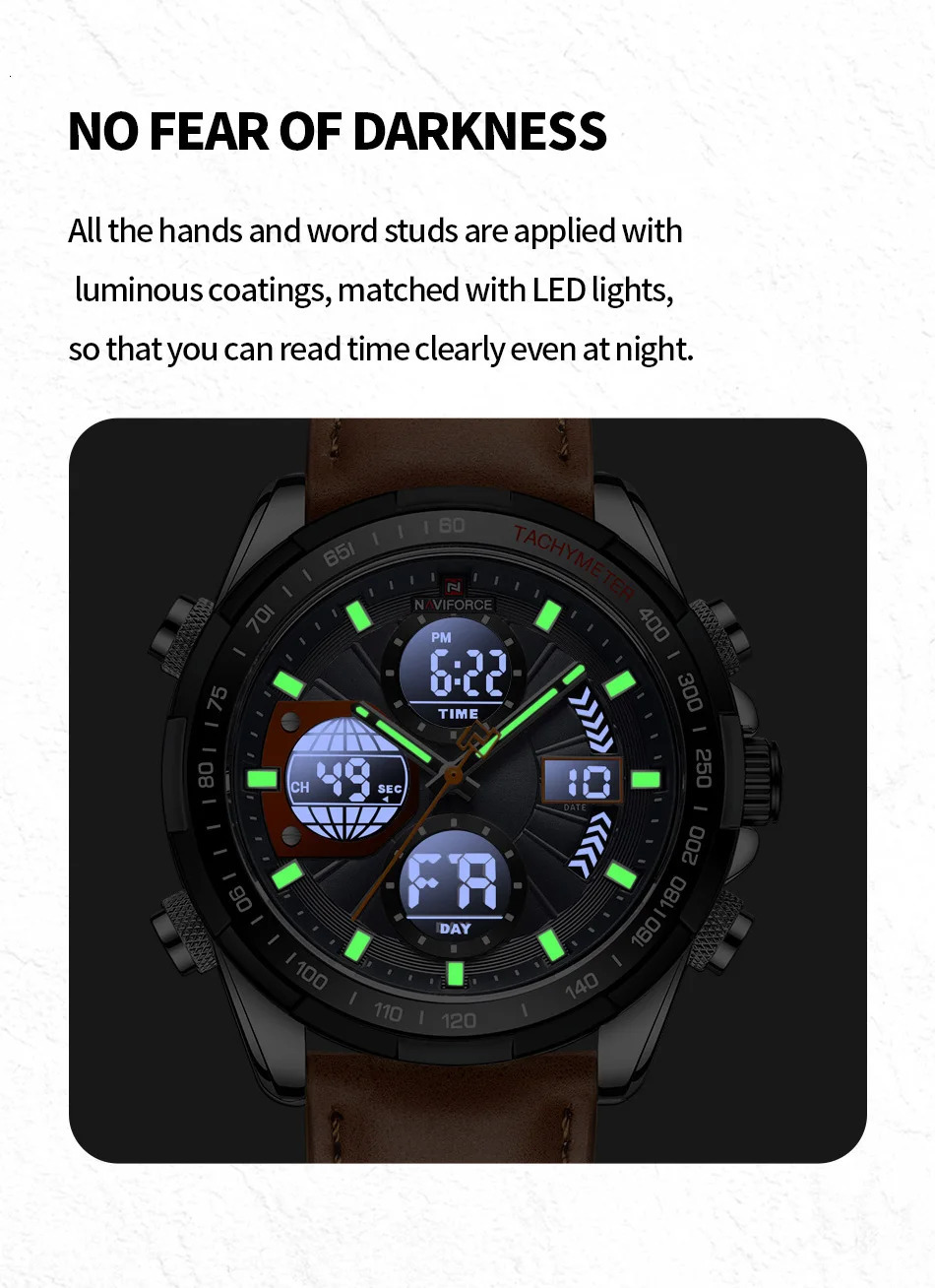 NAVIFORCE Sport Watches for Men Strong Luminous Dual Display Waterproof Quartz Genuine Leather Wristwatch Relogio Masculino 240227