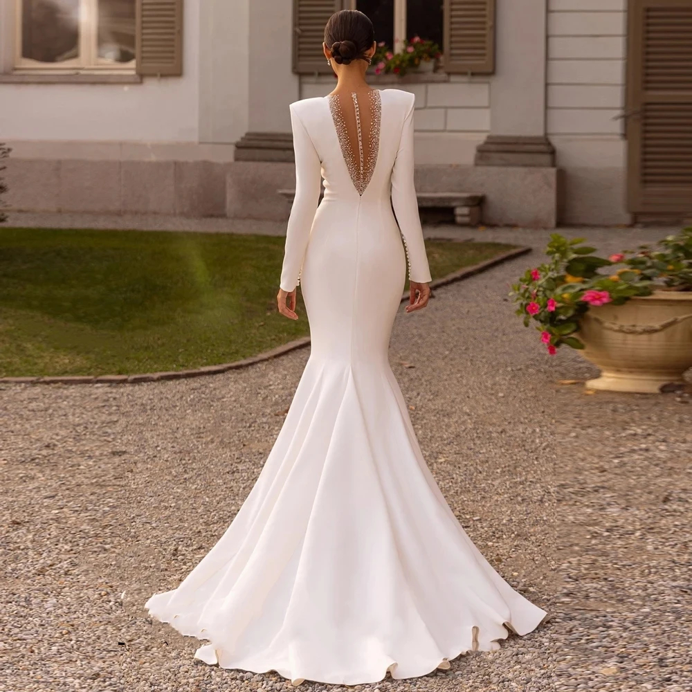Simple Ivory Mermaid Wedding Dresses Crystals Beaded Sheer V-Neck Long Sleeves Elegant Satin Bridal Gowns Sweep Train Bride Reception Dress 2024