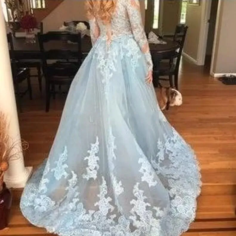 Blue Sky Long Sleeves Prom Deep V Neck Appliques Lace Tulle Illusion Overskirts Evening Dresses Formal Mermaid Party Gowns Vestidos Estidos