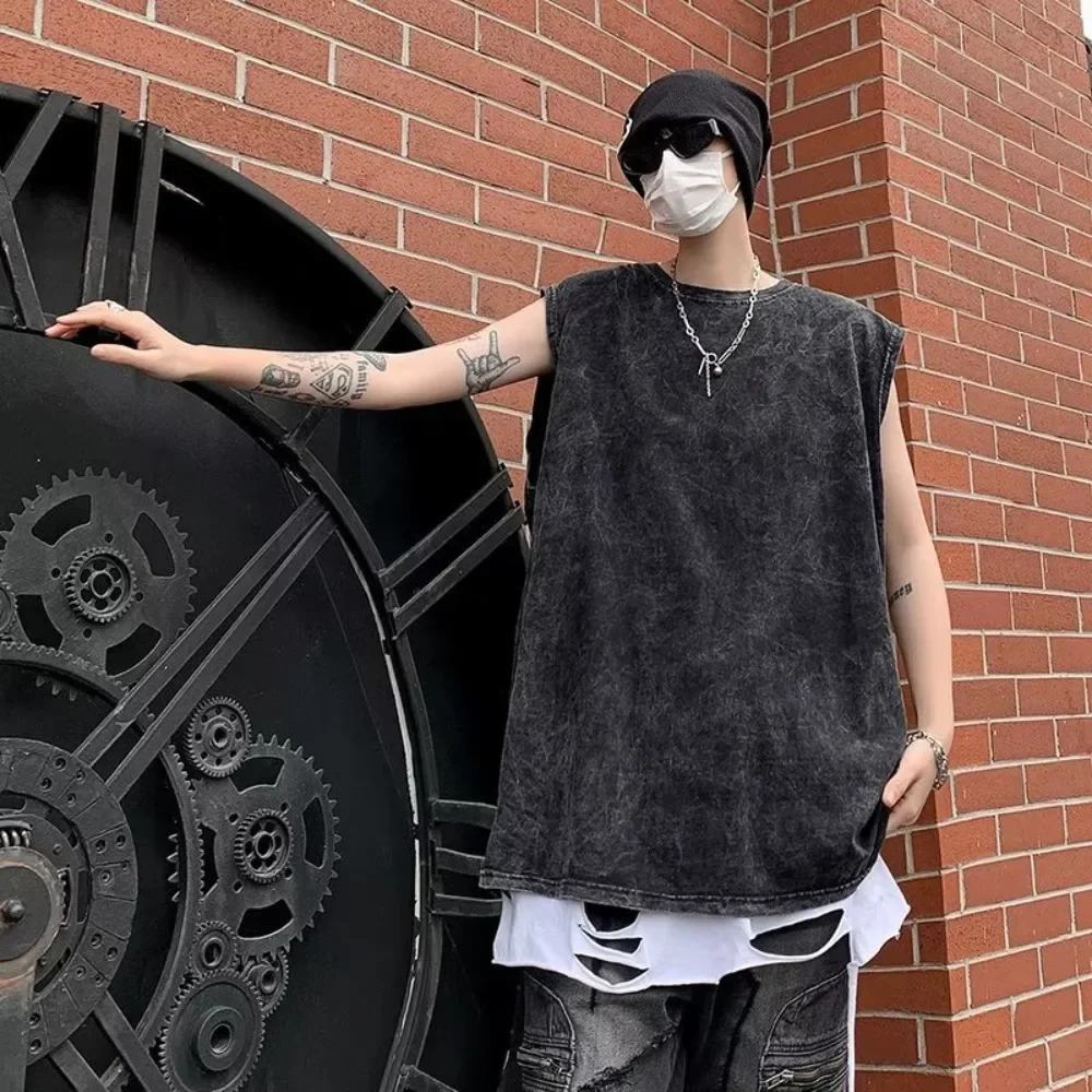 230gsm Cotton Washed Solid Sleeveless Tshirt Casual Sports Vest Summer American Retro Oneck Unisex Fashion Loose Vests 240304Z