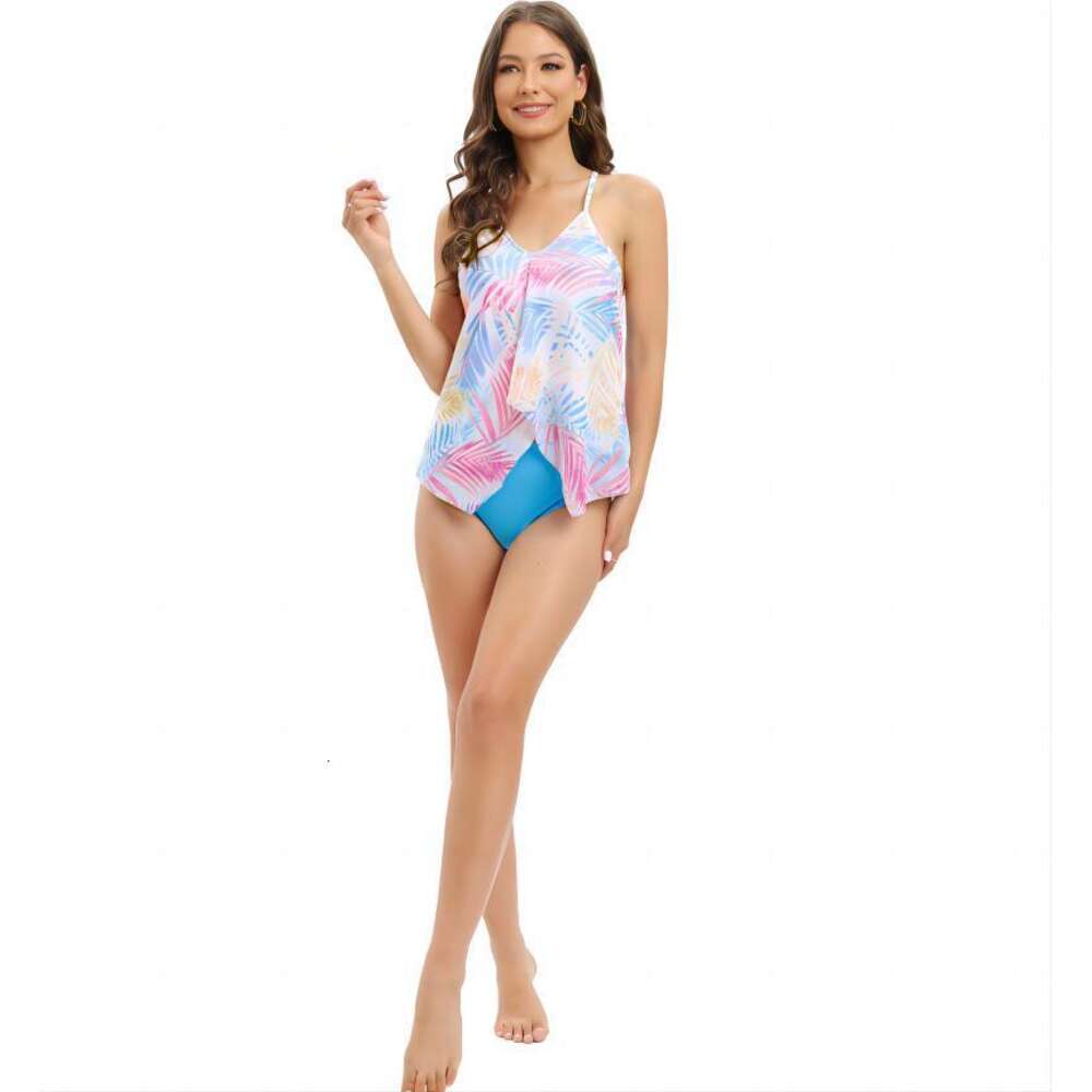 2024 Split Tankini Two-piece Set with Mesh Print Conservative Oversized Swimsuit