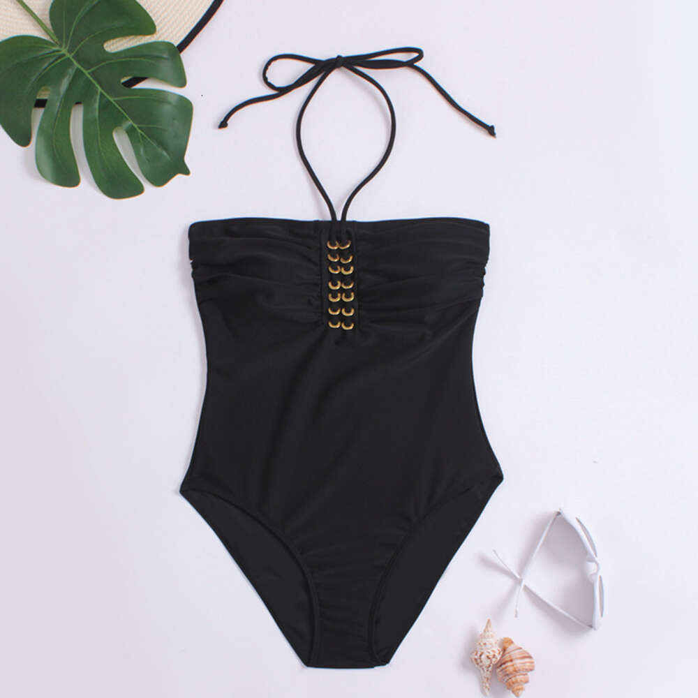 2024 New Women's One Piece Sexy Hanging Neck Soft Bag Metal Ring Swimsuit
