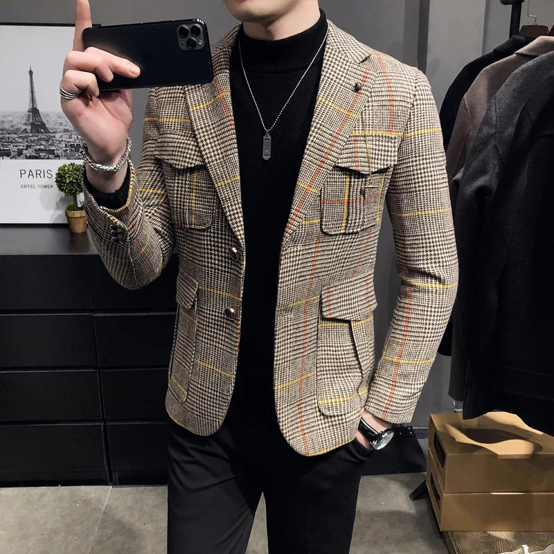 Spring Men Plaid Blazers British Printed Wedding Business Casual Blazer Suit Jacket Male Formal Blazers Plus Size S-3XL 240306