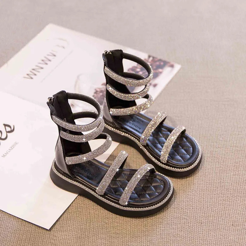 Summer Children's Girls Gladiator Sandals Rhinestone Crystal Princess Solf Shoes Non-slip Breathable Fashion Kids Sandals Girls 240328