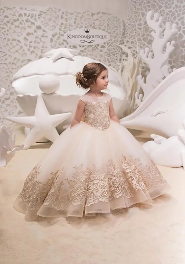 Princess wer Girls Dresses with Bow Backless Lace Applique Long or Communion Dress for Party