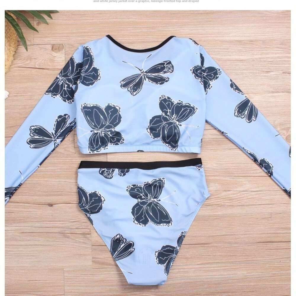 2024 New Long Sleeved High Waist Women's Split Bikini Blue White Black Swimsuit