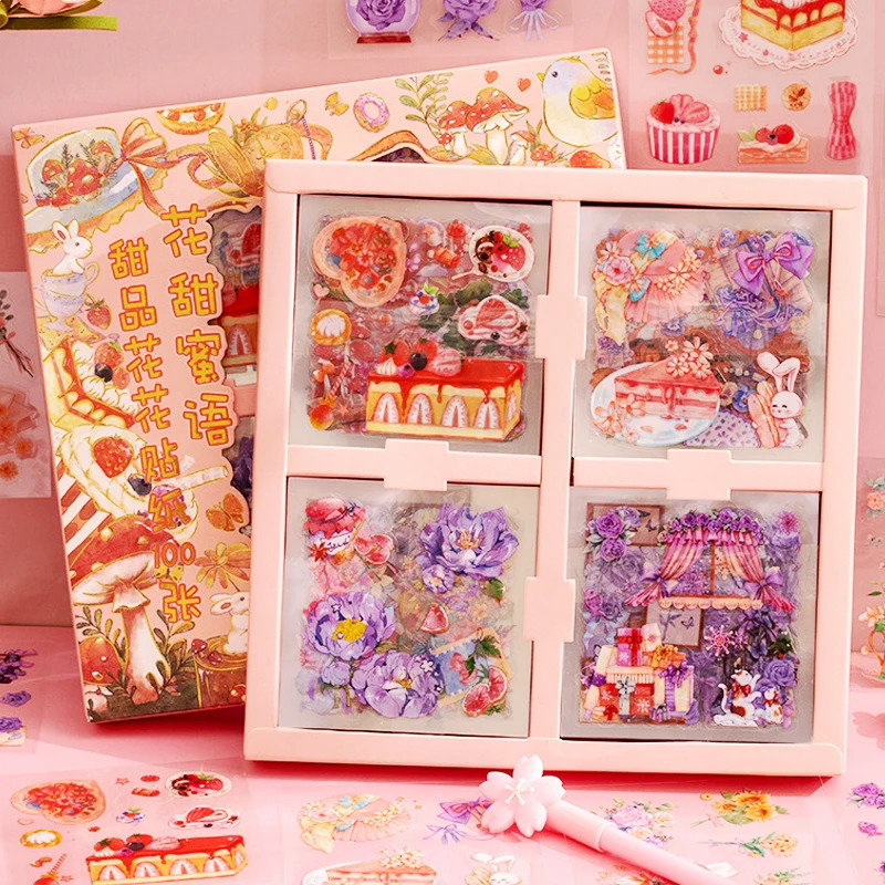100Pcs Flower PET Stickers Kawaii Decoration Sticker Transparent Adhesive Sticker DIY Diary Journal Scrapbooking Stationery 240229