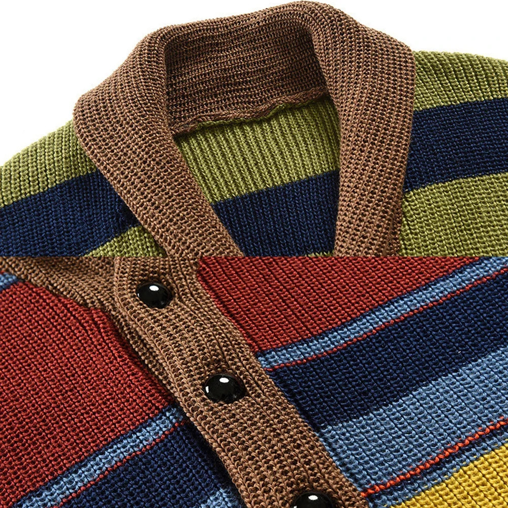 Autumn Winter Mens Rainbow Lapel Sweater Coat Button Long Sleeve Color Matching Cardigan Coat Casual Loose Street Mens Wear 240228