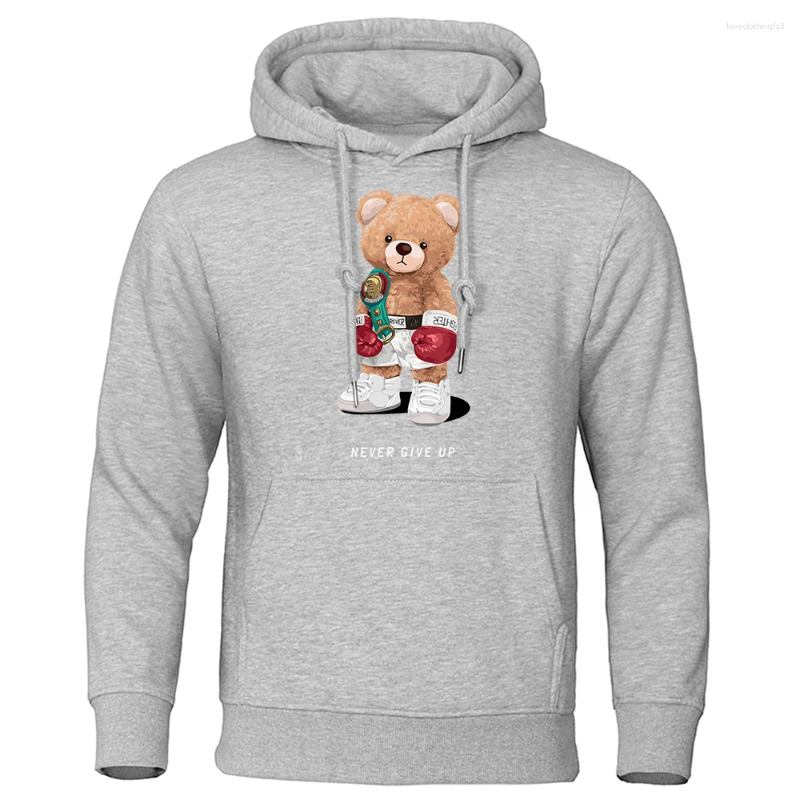 Men's Hoodies Strong Boxer Teddy Bear Never Give Up Print Clothing Mens Fashion Loose Warm Fleece Sweatshirt Casual Oversized Menswear