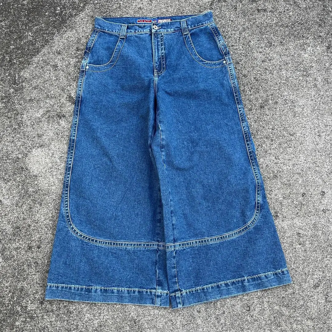 JNCO Jeans Y2k Mens Harajuku Hip Hop Kangaroo Graphic Big Pocket Blue Vintage Baggy Gothic High Waist Wide Trouser 240227