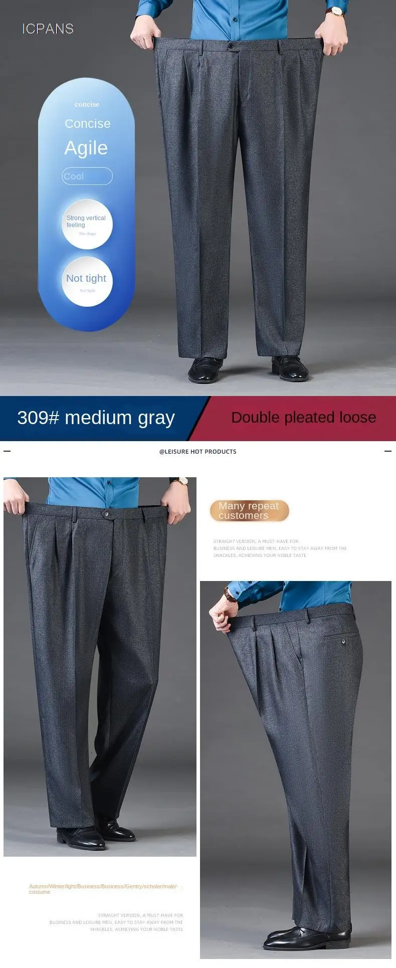 Double Pleated Mens suit pants Loose Fitting High Waist Trousers for Male Casual Business Formal Dress Pants Thick Autumn Winter 240226