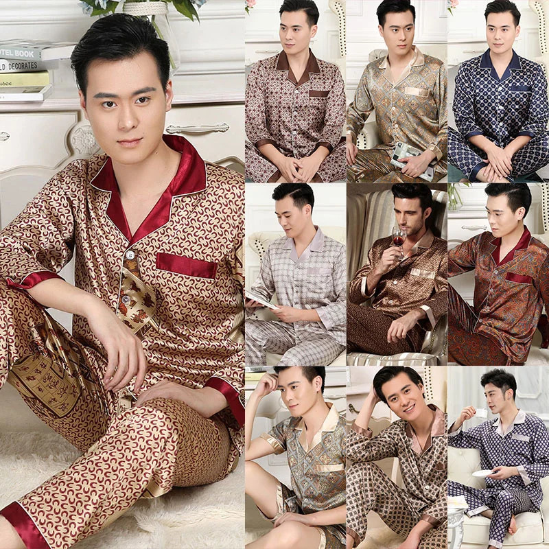 Spring And Autumn Mens Pajamas Sets Silk Longsleeved Sleepwear Ice Plus Size Home Clothing Pyjamas Suit Wear 240307