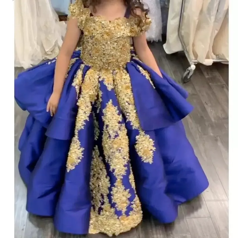 Royal Blue And Gold Girls Graduation Pageant Dresses Ball Gown Crystal Short Sleeve Lace Up First Communion Dress Party Formal 6660306