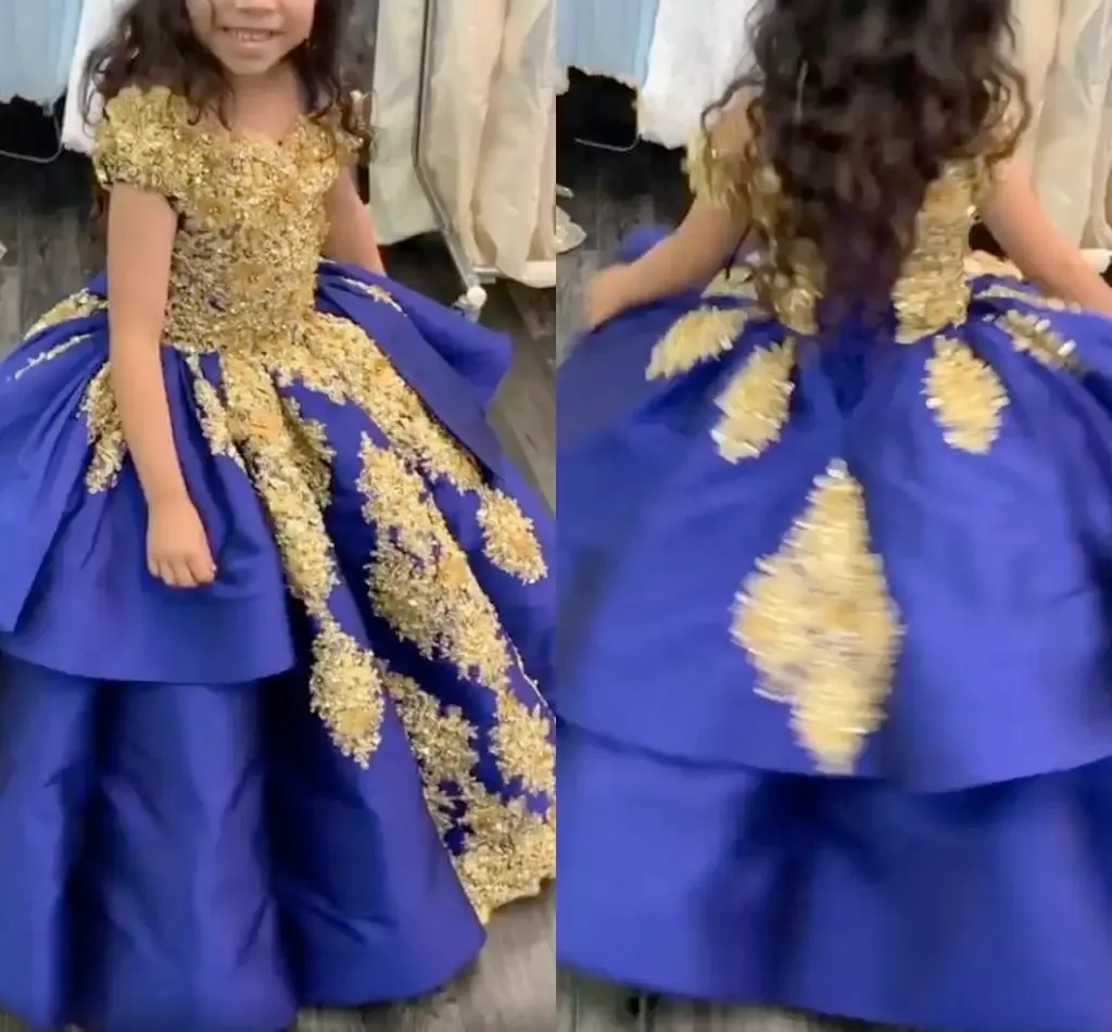 Royal Blue And Gold Girls Graduation Pageant Dresses Ball Gown Crystal Short Sleeve Lace Up First Communion Dress Party Formal 6660306